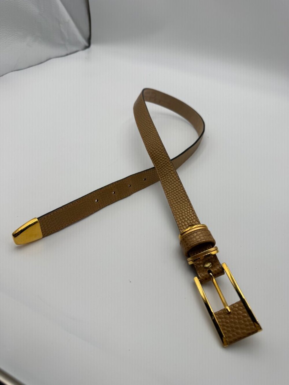 Debra Vintage Tan Textured Skinny Belt Gold Buckle